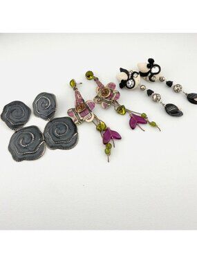 Statement Handmade Dangle Earrings Set of 3 Artisan Rose Floral Mixed Metals